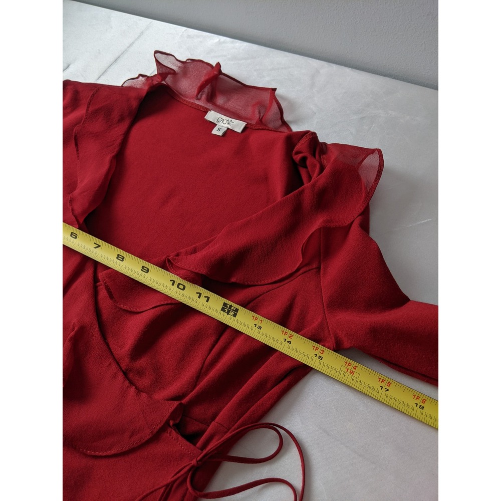 Cache Y2K Red Ruffle Wrap Top Silk Trim Long Sleeve V-Neck Small S USA Made - Picture 5 of 7